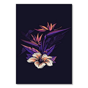Ahşap Tablo Karanlık Mod Mor Yapraklı Beyaz Çiçek 35x50 cm