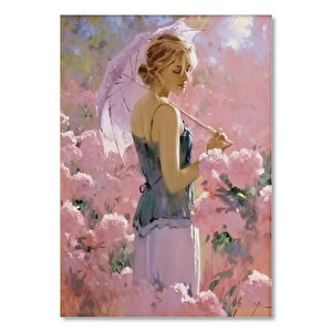 Ahşap Tablo Çiçekler Arasında Şemsiyeli Kız Görseli 50x70 cm