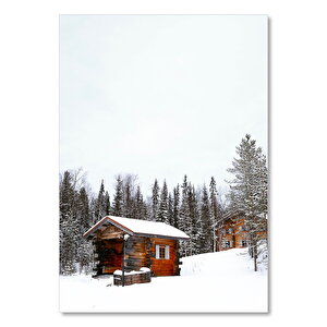 Ahşap Tablo Karlar İçindeki Ağaçlar Ve Orman Kulübesi 35x50 cm