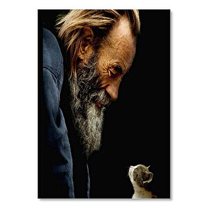 Ahşap Tablo Sokak Adamı Ve Kedi Görseli 50x70 cm