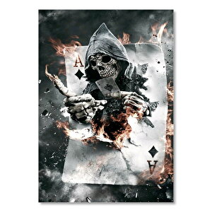 Ahşap Tablo Kafatası Oyun Kartı Karo Ve Kupa Ası 35x50 cm