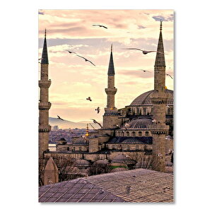Ahşap Tablo Günbatımında İstanbul Camisi Ve Martılar 25x35 cm