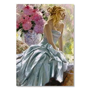 Ahşap Tablo Richard S Johnson Ressam Kadın Ve Vazoda Çiçekler 35x50 cm
