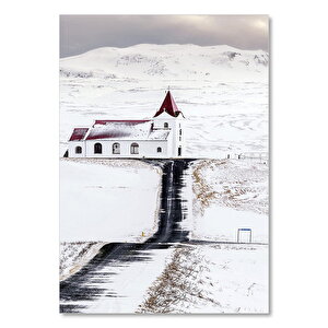 Ahşap Tablo Karlı Tepeler Ve Kiliseye Giden Boş Yol 50x70 cm