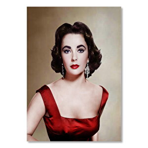 Ahşap Tablo Elizabeth Taylor Kırmız Elbise Küpeler 50x70 cm