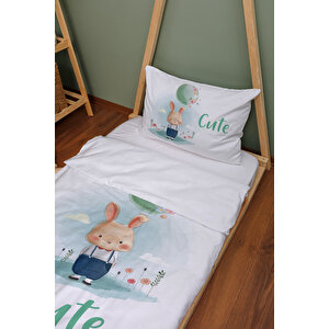Organik Montessori Nevresim Takımı - For Baby Serisi - Yeşil Balon Tutan Tavşan