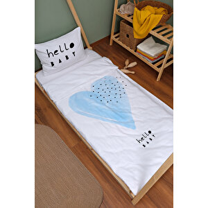 Organik Montessori Nevresim Takımı - Pure Baby Serisi - Mavi Romantik Kalp