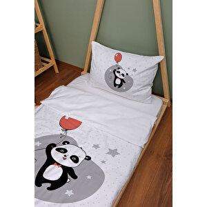 Organik Montessori Nevresim Takımı - For Baby Serisi - Kırmızı Balonlu Panda