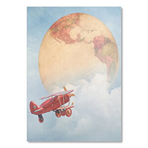 Ahşap Tablo Yerküre Ve Kırmızı Pırpır Uçak 50x70 cm