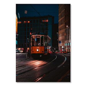 Ahşap Tablo Gece Işıkları Ve Nostaljik Tramvay 35x50 cm