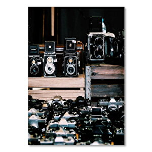 Ahşap Tablo Tahta Kasalar Üzerinde Antika Fotoğraf Makineleri 25x35 cm