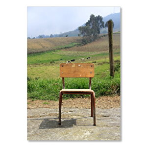 Ahşap Tablo Kahverengi Eski Sandalye Ve Arkada Çayırlar 35x50 cm