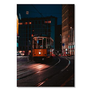 Ahşap Tablo Gece Işıkları Ve Nostaljik Tramvay