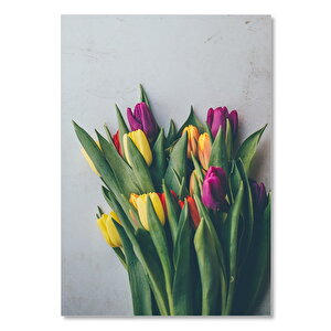 Ahşap Tablo Gri Zeminde Sarı Ve Bordo Laleler 50x70 cm