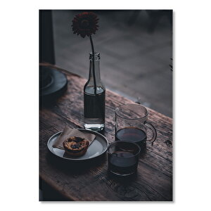 Ahşap Tablo Muffin Ve Espresso Ile Şişede Çiçek 35x50 cm