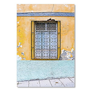 Ahşap Tablo Sarı Duvardaki Parmaklıklı Pencere 25x35 cm