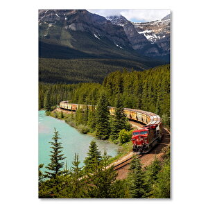 Ahşap Tablo Orman Ve Göl Kıyısından Geçen Tren Ve Dağlar 35x50 cm
