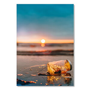 Ahşap Tablo Günbatımı Sahildeki Kavanoz 50x70 cm