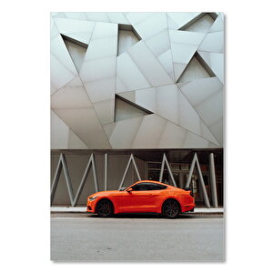 Ahşap Tablo Kırmızı Spor Araba Ve Geometrik Şekilli Bina 50x70 cm