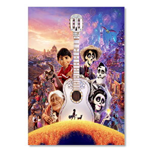 Ahşap Tablo Coco Pixar Karakterler Ve Beyaz Gitar 50x70 cm