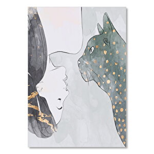 Ahşap Tablo Başaşağı Kadın Ve Kedi 50x70 cm