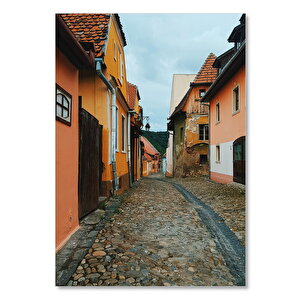 Ahşap Tablo Taş Döşeli Köy Yolu Ve Turuncu Evler 35x50 cm