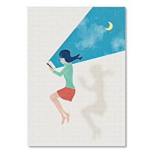 Ahşap Tablo Kitap Okuyan Kız Ay Ve Yıldızlar 25x35 cm