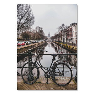 Ahşap Tablo Amsterdam'da Kanal Ve Siyah Bisiklet 25x35 cm