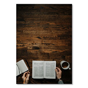 Ahşap Tablo Açık Kitap Not Defteri Ve Kahve 50x70 cm