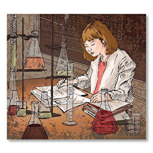 Ahşap Tablo Bilim Kadını Kimya Labratuarı Deney Çalışması 25x35 cm