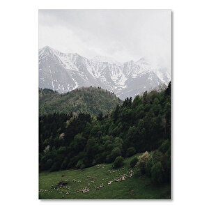 Ahşap Tablo Karlı Dağlar Orman Ve Çayırda Koyunlar 25x35 cm