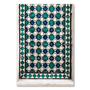 Ahşap Tablo Yeşil Lacivert Geometrik Desenli Seramik 50x70 cm