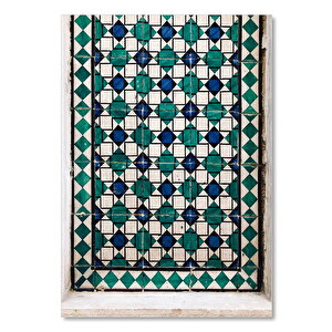 Ahşap Tablo Yeşil Lacivert Geometrik Desenli Seramik 25x35 cm