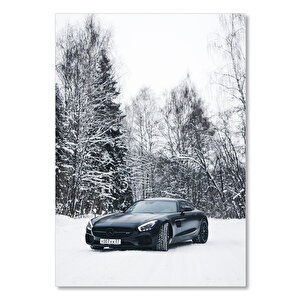 Ahşap Tablo Karlı Orman Ve Siyah Mercedes 25x35 cm