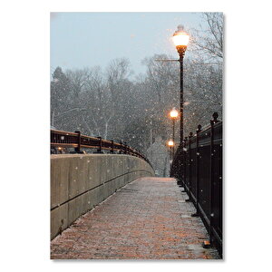 Ahşap Tablo Kar Yağışı Sokak Lambaları Ve Köprü
