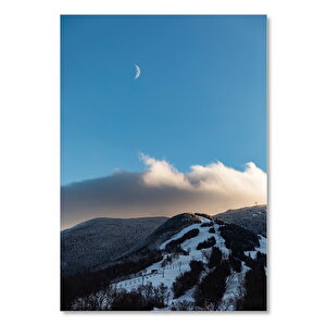 Ahşap Tablo Karlı Dağlar Ve Gökyüzünde Ay 50x70 cm