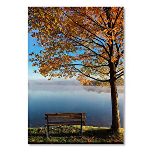 Ahşap Tablo Sonbaharda Göl Manzarası Ve Boş Bank 25x35 cm