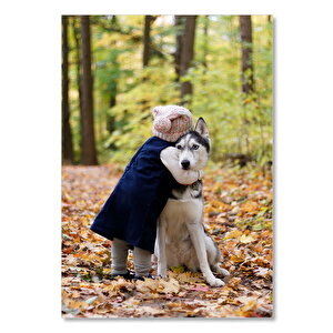 Ahşap Tablo Ormanda Kurt Köpeği Ve Çocuk 50x70 cm