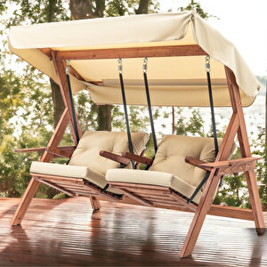 Swing İkiz Kule İki Kişilik Ahşap Dış Mekan Bahçe Balkon Ve Teras Salıncağı Krem Ahşap Salıncak