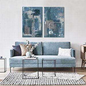 Soyut İkili Set Mavi - Yağlı Boya Dokulu Tablo Çerçeve - Gümüş 75x100 cm