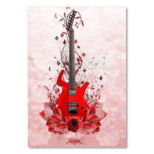 Kırmızı Elektrogitar Ve Kırmızı Çiçekler Pembe Arkaplan 25x35 cm