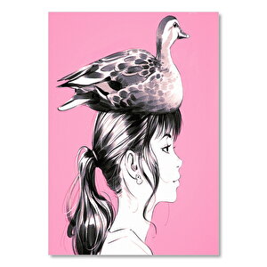 Kız Ve Başındaki Ördek Pembe Arkaplan 25x35 cm