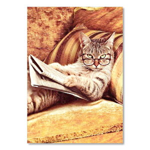 Gazete Okuyan Kedi Desenli Görsel 35x50 cm