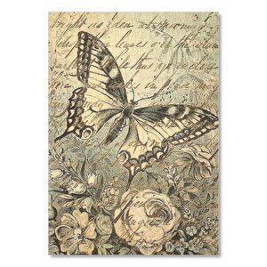 Eski Kart Postalda Kelebek Çiçek Görseli 25x35 cm