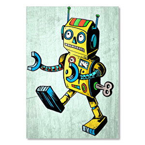 Retro Robot Toy Figürü Ahşap Zeninde Görseli 25x35 cm