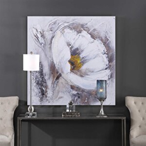 Beyaz Çiçek - Yağlı Boya Dokulu Tablo Çerçeve - Gümüş 100x100 cm
