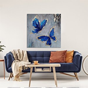 Mavi Kelebekler - Yağlı Boya Dokulu Tablo Çerçeve - Gümüş 80x80 cm