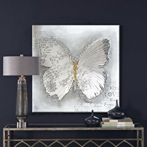 Beyaz Kelebek - Yağlı Boya Dokulu Tablo Çerçeve - Gold 120x120 cm