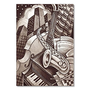 Siyah Beyaz Müzik Aletleri Binalar Soyut Resim Görseli  Ahşap Mdf Tablo 50x70 cm