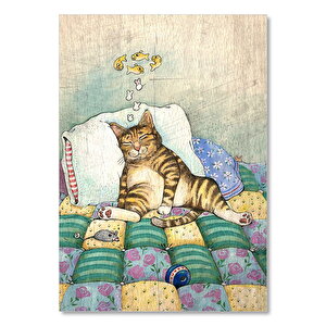 Uykucu Sarı Kedi Ve Balık Hayali Görseli  Ahşap Mdf Tablo 35x50 cm